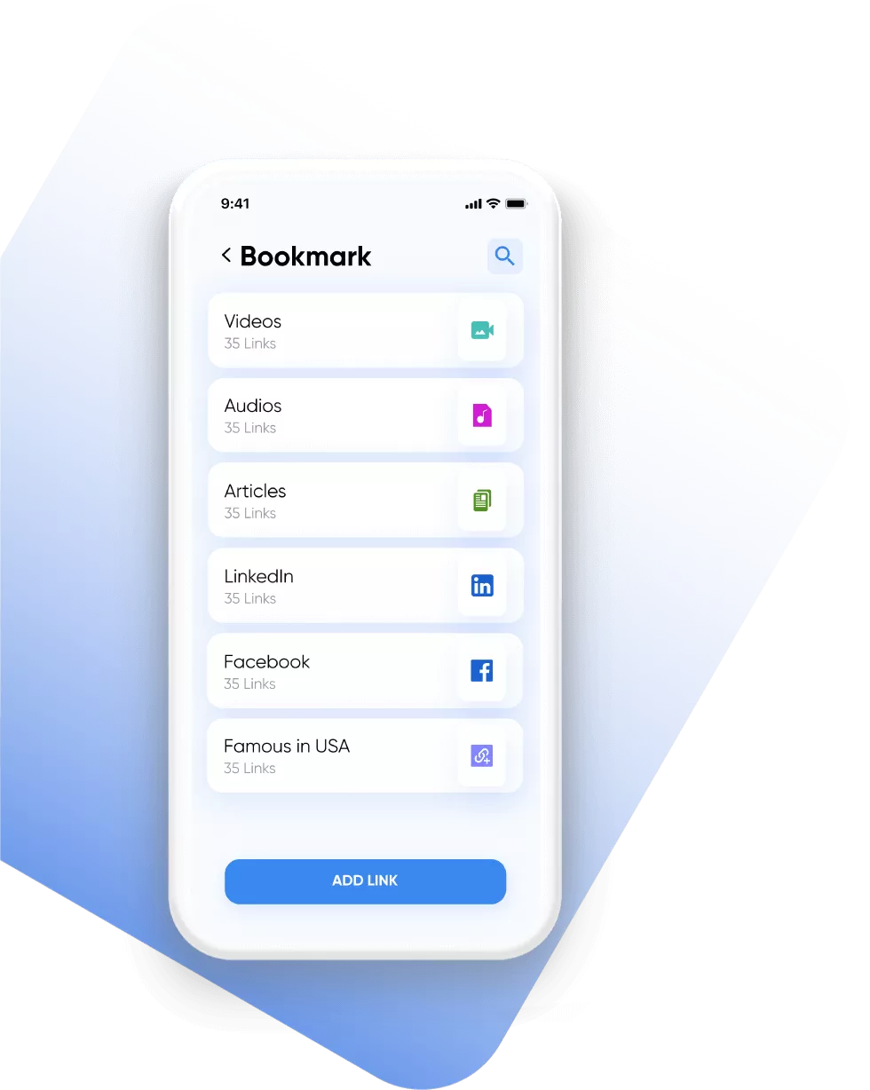 Bookmark screen for saving videos, audios, and article links in app